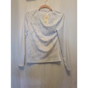 BUZZ Women's White Rhinestone Music Guitar Long Sleeve Crew Neck T-Shirt Top M